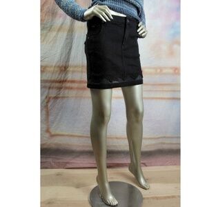 NWT MINKPINK Black Stretch Denim Skirt Crochet Lace Trim XS